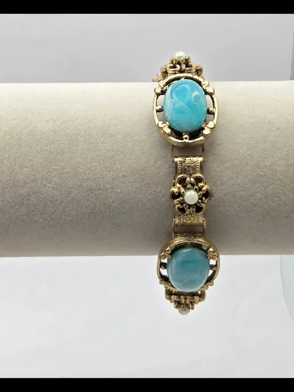 Vintage Gold Tone Faux Turquoise Pearl Panel Bracelet Filigree Etched 7 Inches